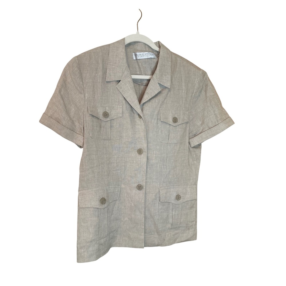 Valerie Stevens Pure Linen Safari Jacket Short Sleeve Beige Oatmeal Size 12